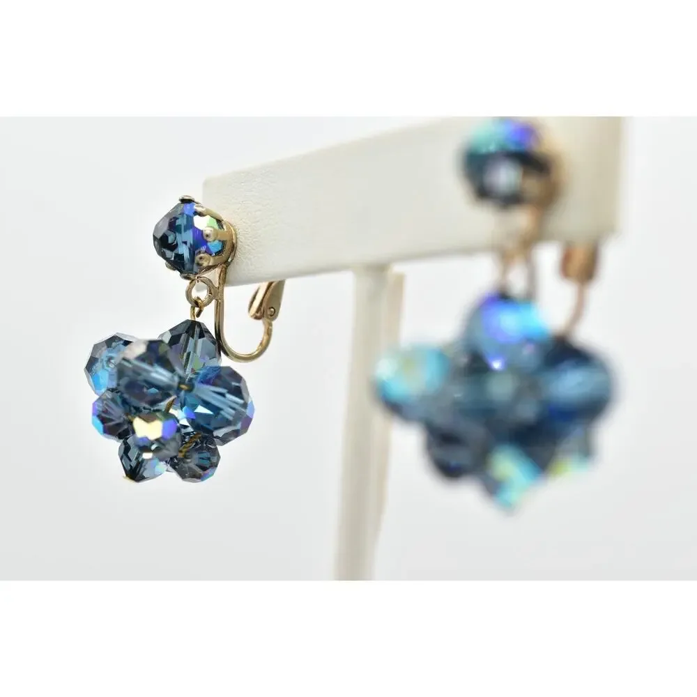 Laguna Vintage Clip On Crystal Earrings Dangle Navy Blue Drop Signed 1950s A24